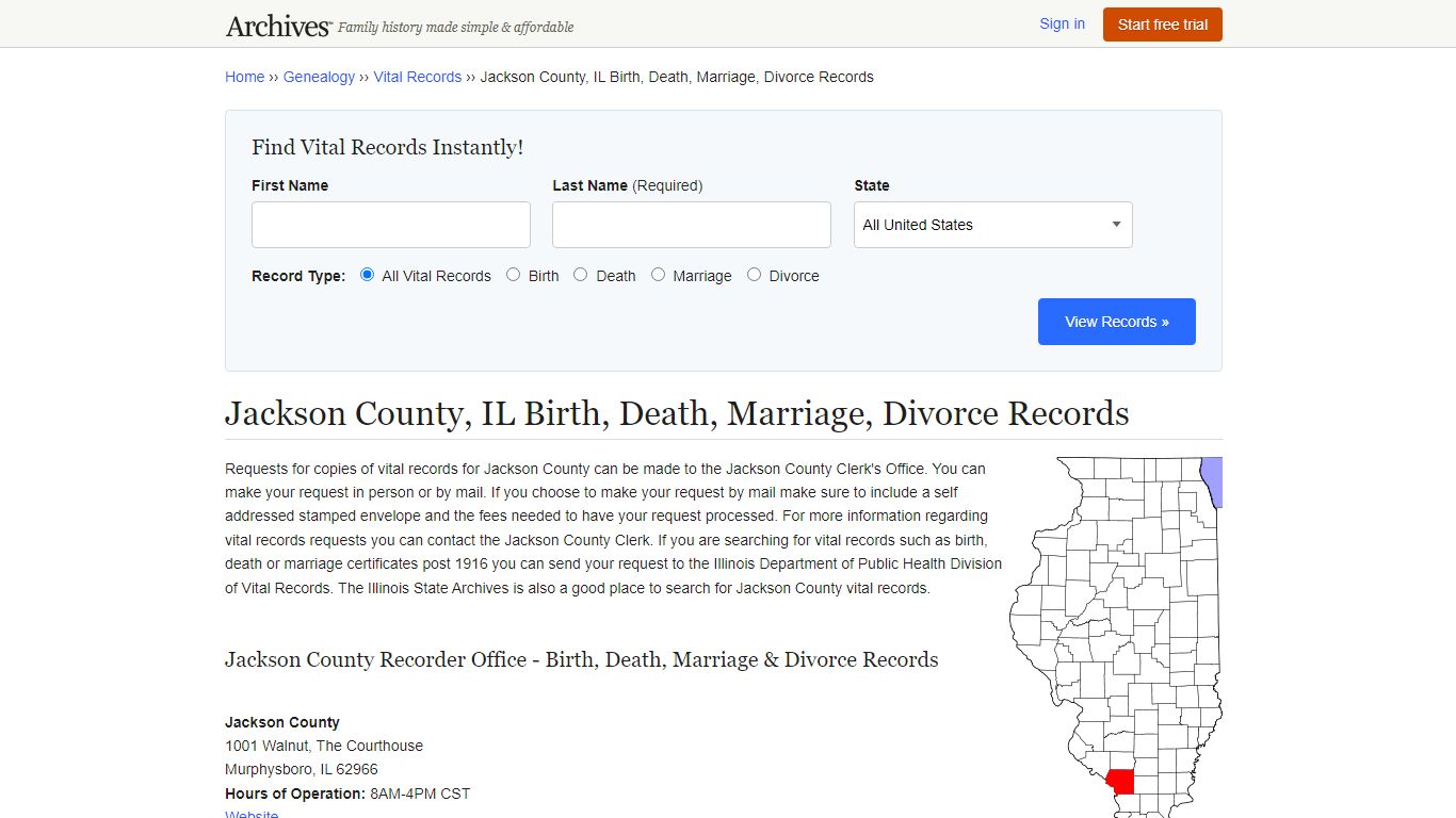 Jackson County, IL Birth, Death, Marriage, Divorce Records